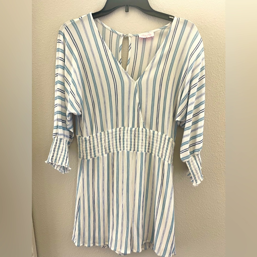 Pink Lily Romper Blue and White Striped Small